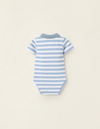 Striped Polo Bodysuit with Ribbed Collar for Newborns, White/Blue