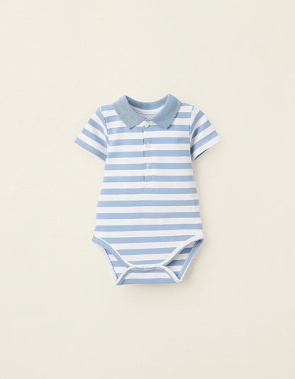 Striped Polo Bodysuit with Ribbed Collar for Newborns, White/Blue