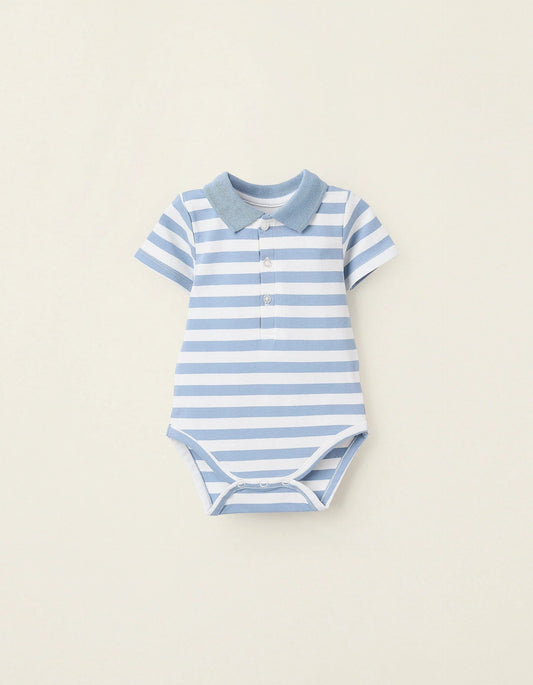 Striped Polo Bodysuit with Ribbed Collar for Newborns, White/Blue