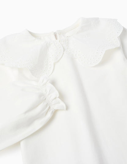 Long Sleeve T-shirt with English Embroidery for Girls, White