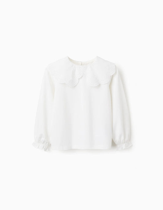 Long Sleeve T-shirt with English Embroidery for Girls, White