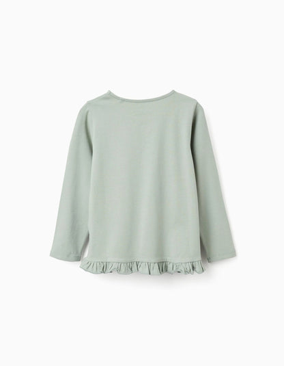 Long Sleeve T-shirt with Flower Print and Ruffles for Girls, Green