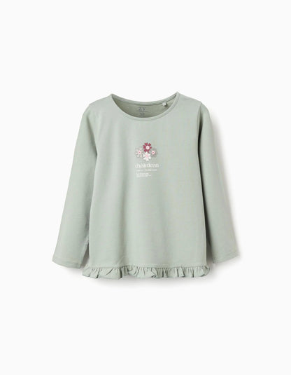 Long Sleeve T-shirt with Flower Print and Ruffles for Girls, Green