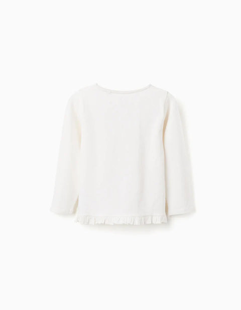 Long Sleeve T-Shirt with Flower Print and Ruffles for Girls, White