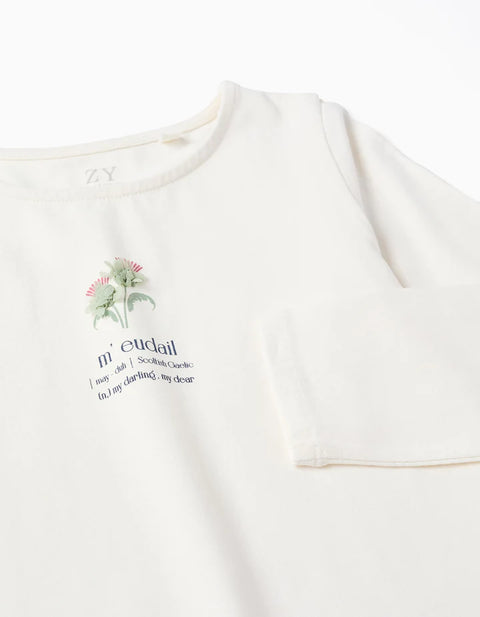 Long Sleeve T-Shirt with Flower Print and Ruffles for Girls, White