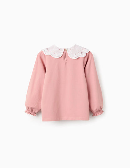 T-shirt with Broderie Anglaise Collar and Ruffles for Girls, Pink