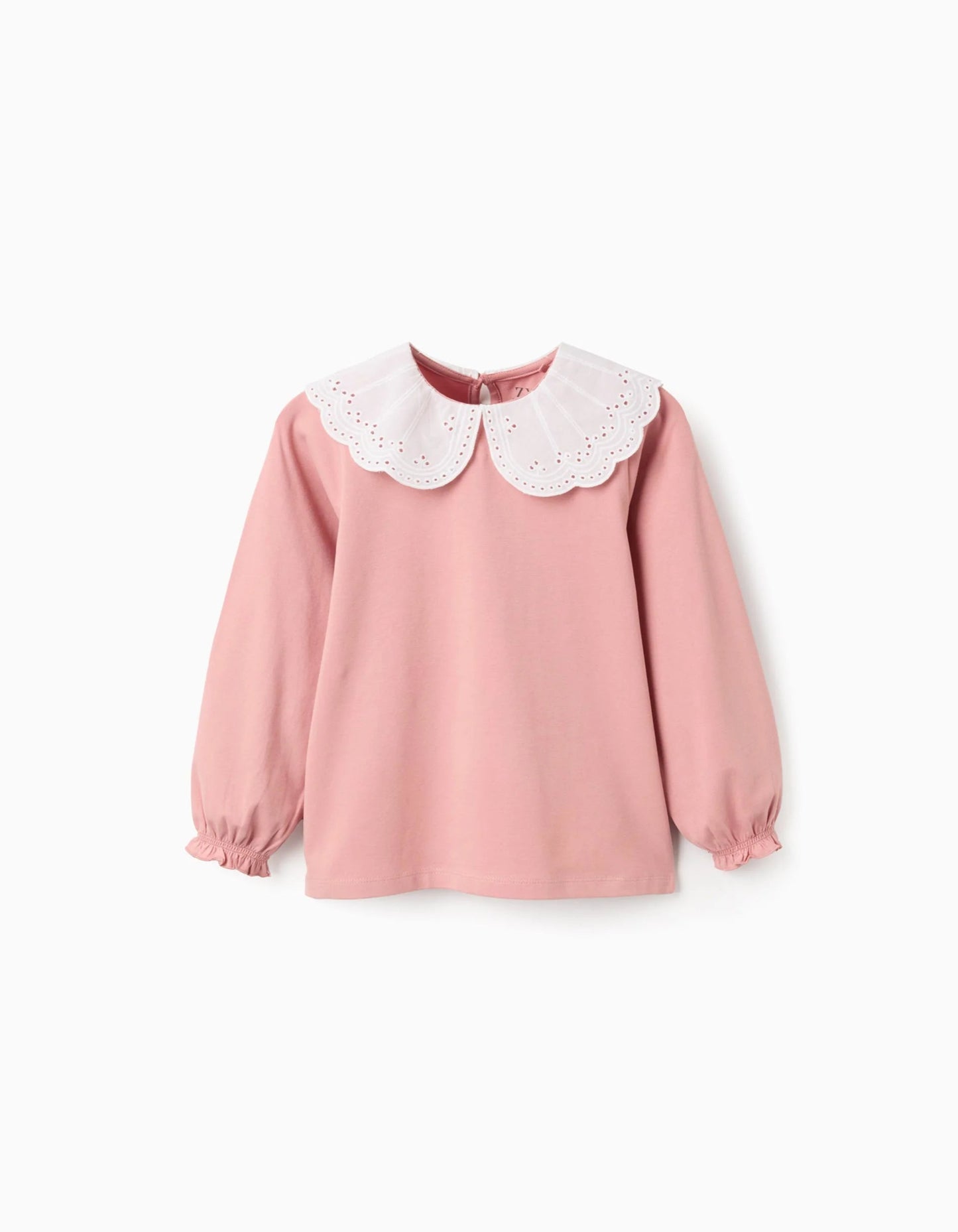 T-shirt with Broderie Anglaise Collar and Ruffles for Girls, Pink