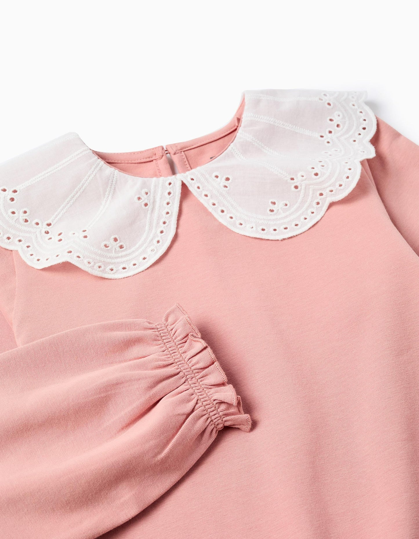 T-shirt with Broderie Anglaise Collar and Ruffles for Girls, Pink