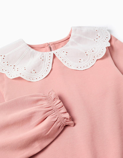 T-shirt with Broderie Anglaise Collar and Ruffles for Girls, Pink