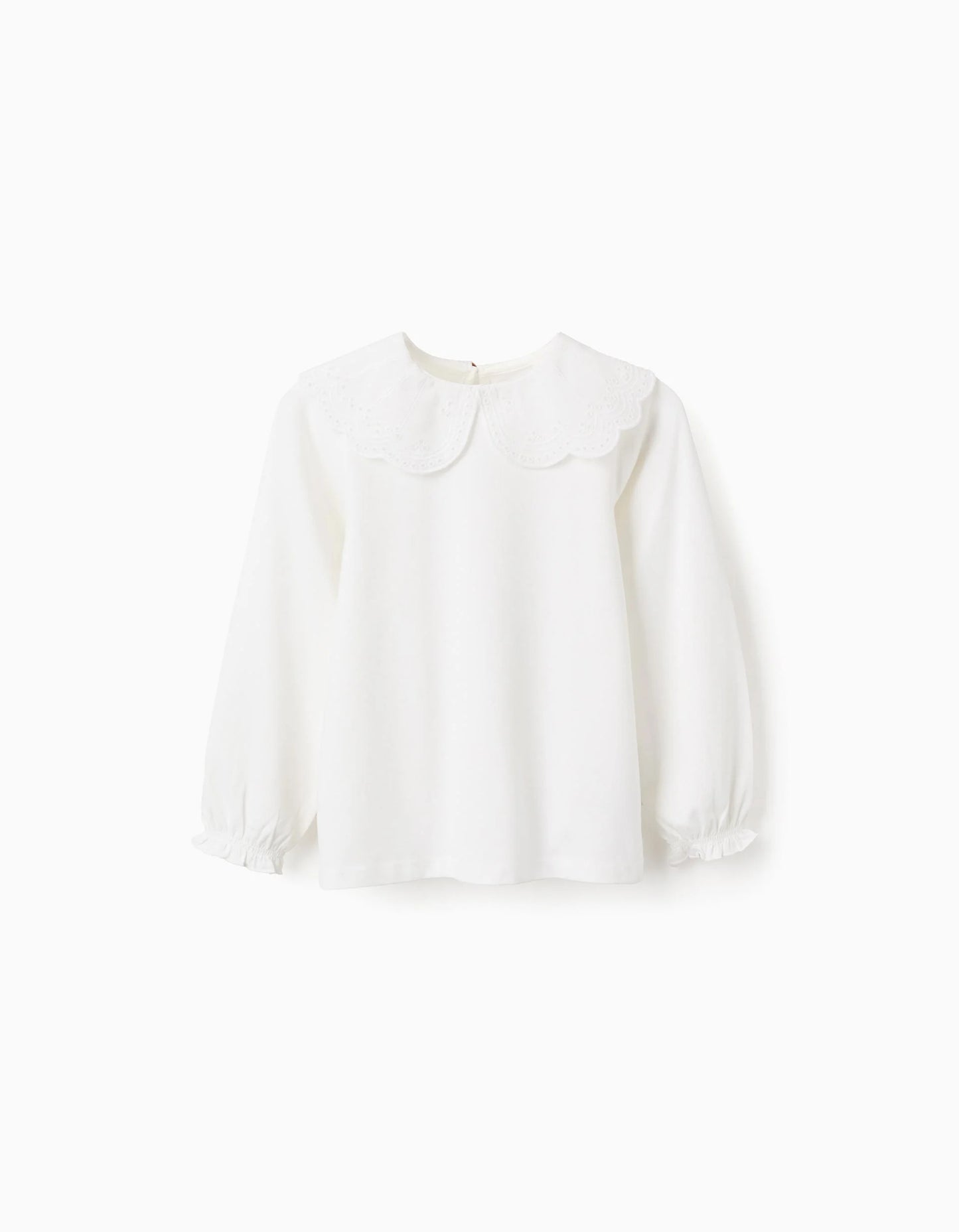 T-shirt with Broderie Anglaise Collar and Ruffles for Girls, White