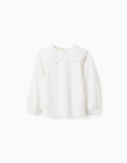 T-shirt with Broderie Anglaise Collar and Ruffles for Girls, White