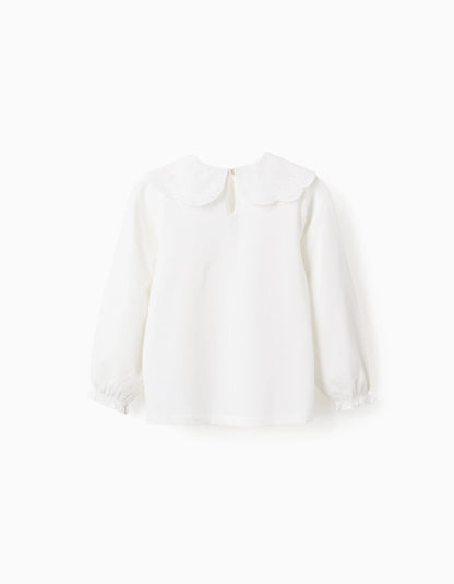 T-shirt with Broderie Anglaise Collar and Ruffles for Girls, White