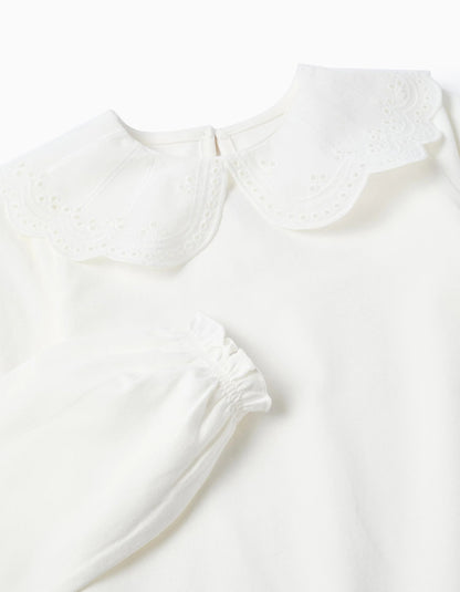 T-shirt with Broderie Anglaise Collar and Ruffles for Girls, White