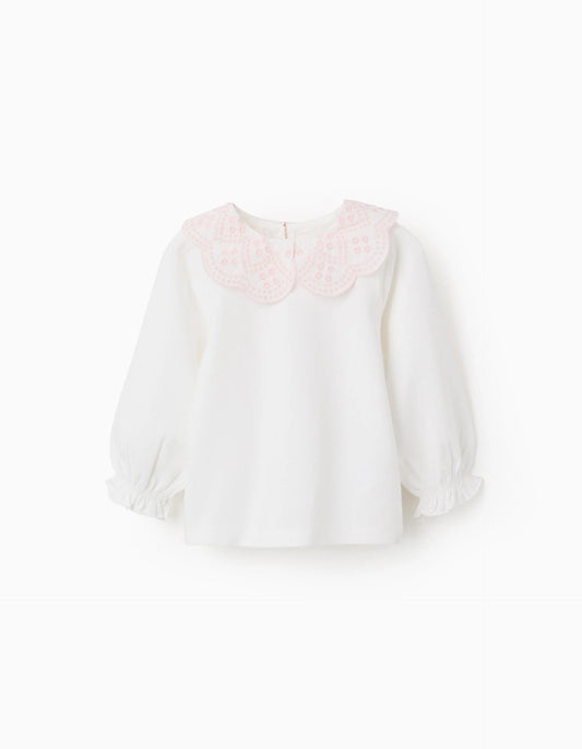 T-shirt with Broderie Anglaise Collar for Baby Girls, White/Pink