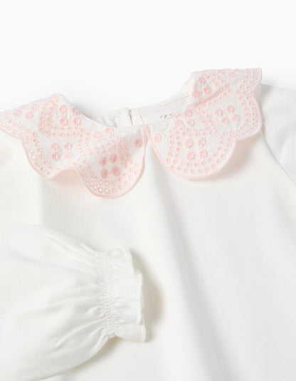T-shirt with Broderie Anglaise Collar for Baby Girls, White/Pink