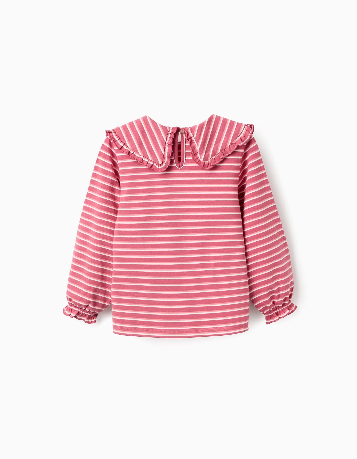 Striped T-shirt with Maxi Collar and Frill Contour for Girls, Pink/White