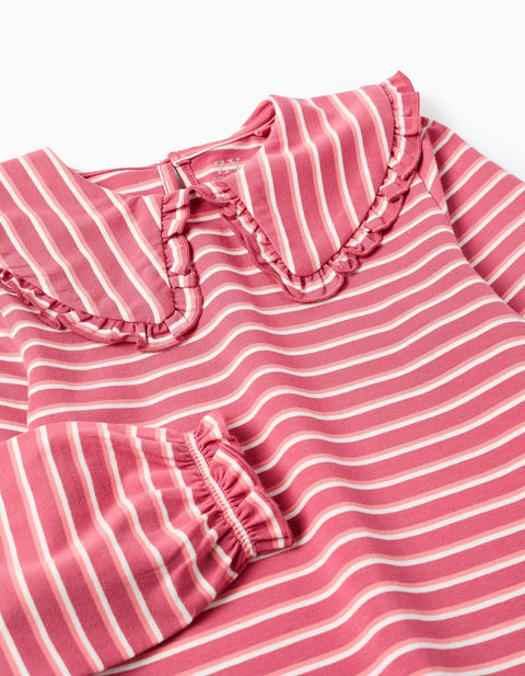 Striped T-shirt with Maxi Collar and Frill Contour for Girls, Pink/White