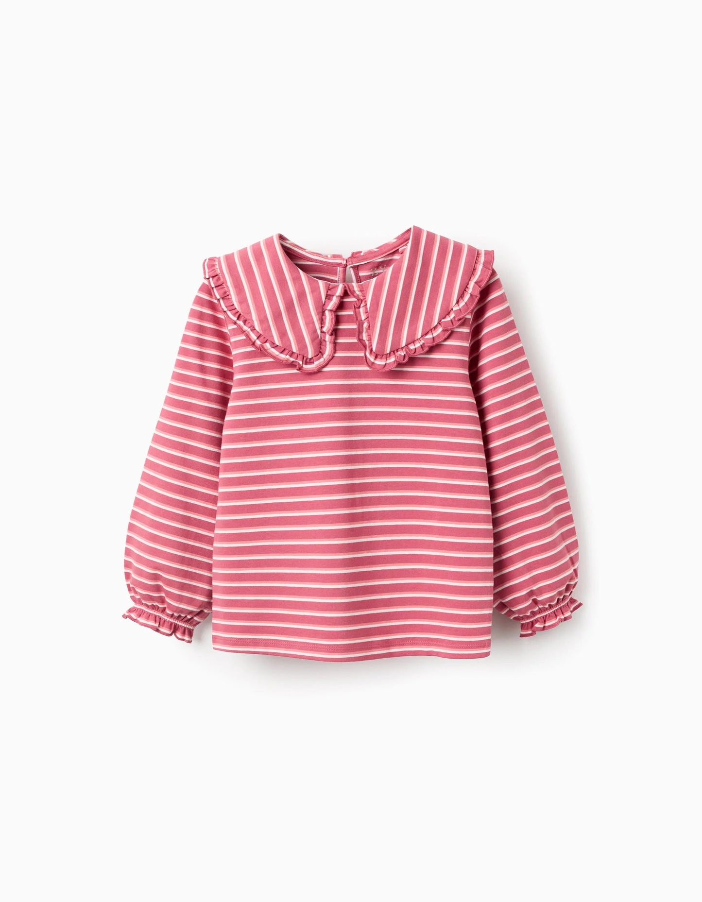 Striped T-shirt with Maxi Collar and Frill Contour for Girls, Pink/White