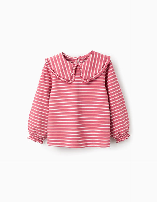 Striped T-shirt with Maxi Collar and Frill Contour for Girls, Pink/White