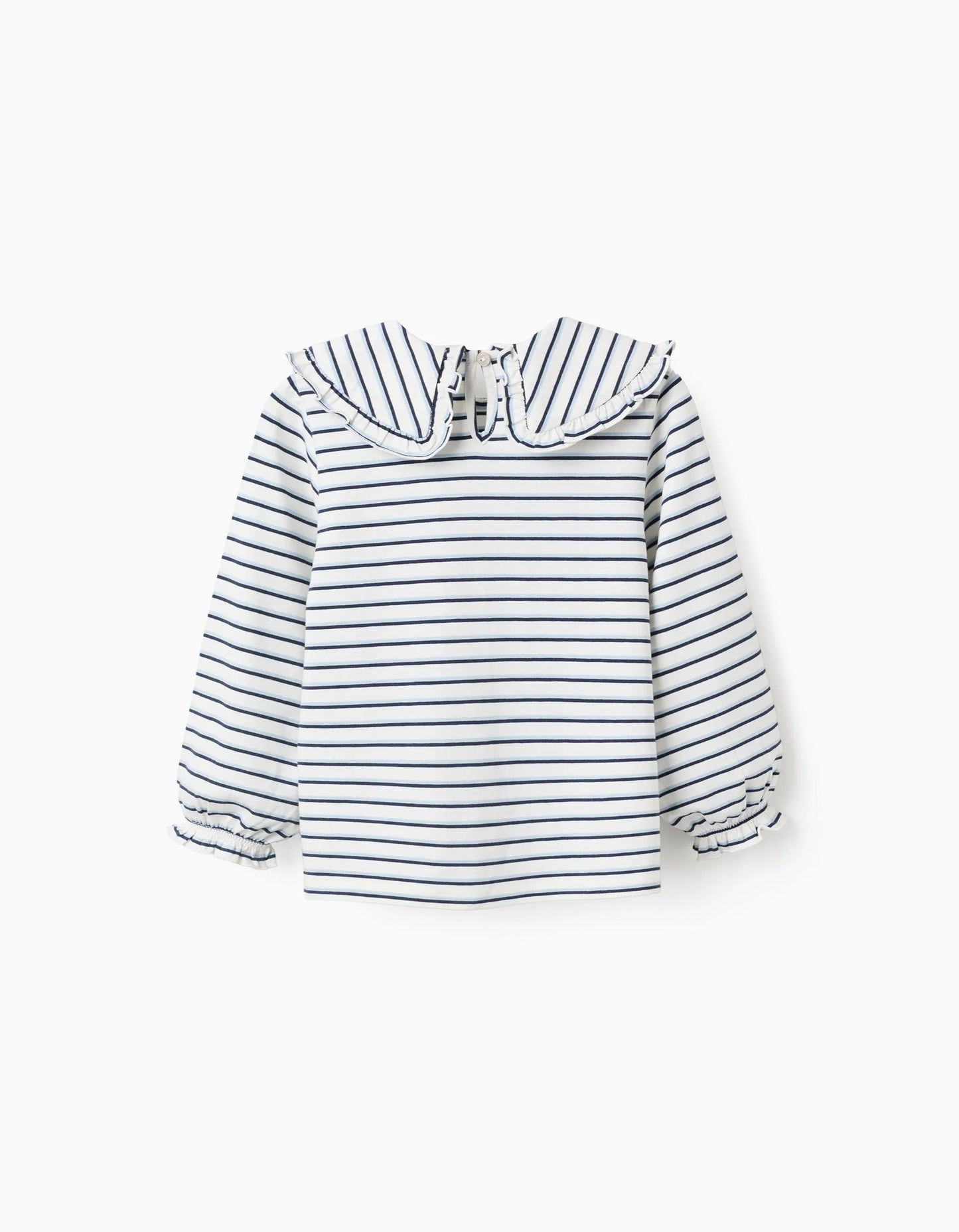 Striped T-shirt with Maxi Collar and Frill Contour for Girls, White/Blue