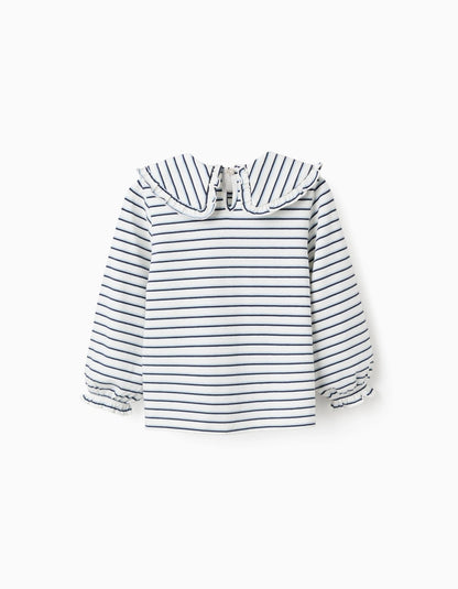 Striped T-shirt with Maxi Collar and Frill Contour for Girls, White/Blue