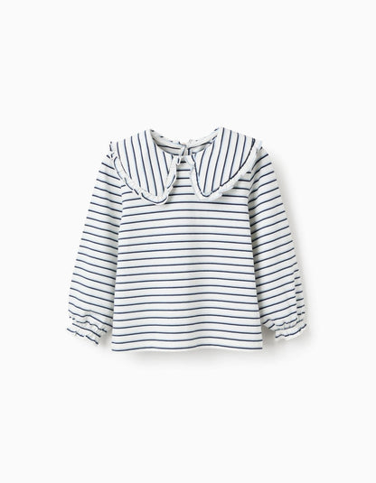 Striped T-shirt with Maxi Collar and Frill Contour for Girls, White/Blue