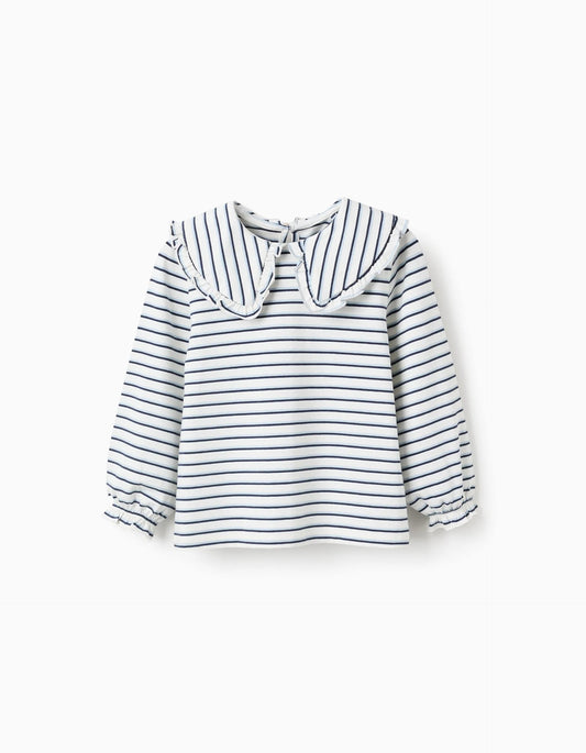 Striped T-shirt with Maxi Collar and Frill Contour for Girls, White/Blue