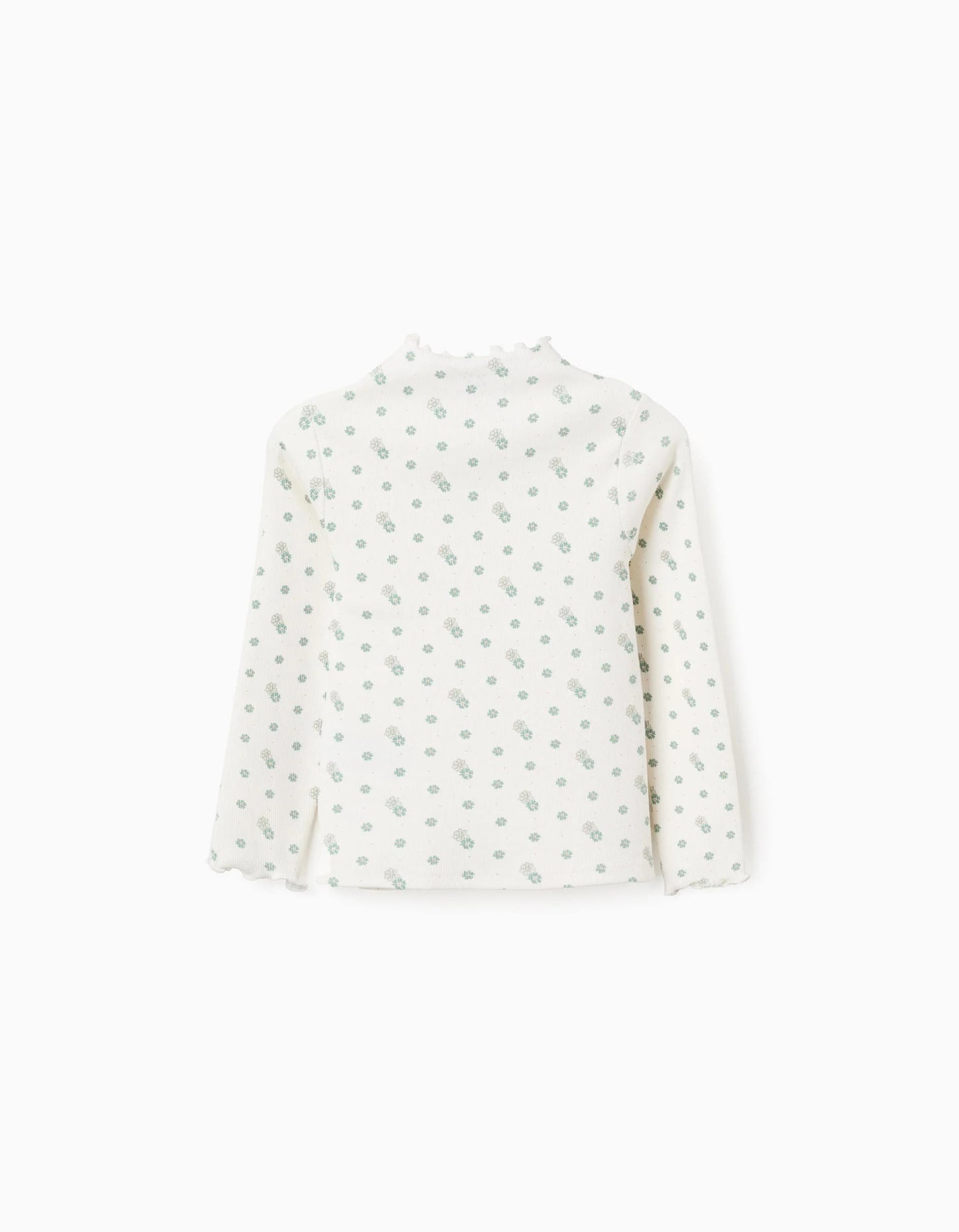 Long Sleeve Ribbed T-shirt with Floral Motif for Girls, White