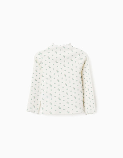 Long Sleeve Ribbed T-shirt with Floral Motif for Girls, White