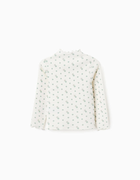 Long Sleeve Ribbed T-shirt with Floral Motif for Girls, White