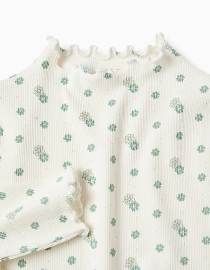 Long Sleeve Ribbed T-shirt with Floral Motif for Girls, White