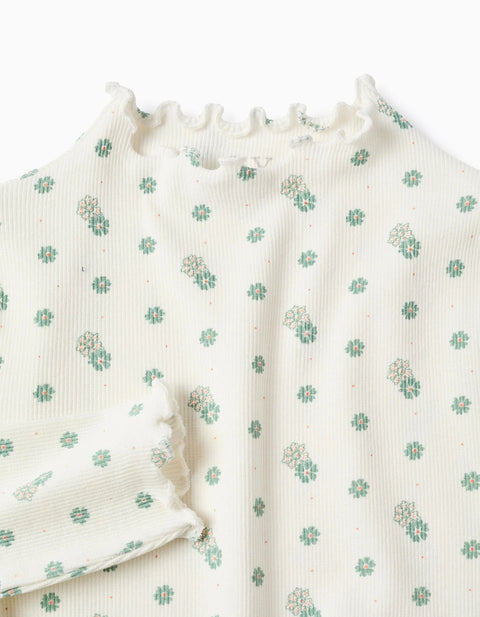 Long Sleeve Ribbed T-shirt with Floral Motif for Girls, White