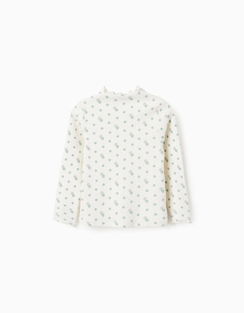 Long Sleeve Ribbed T-shirt with Floral Motif for Girls, White