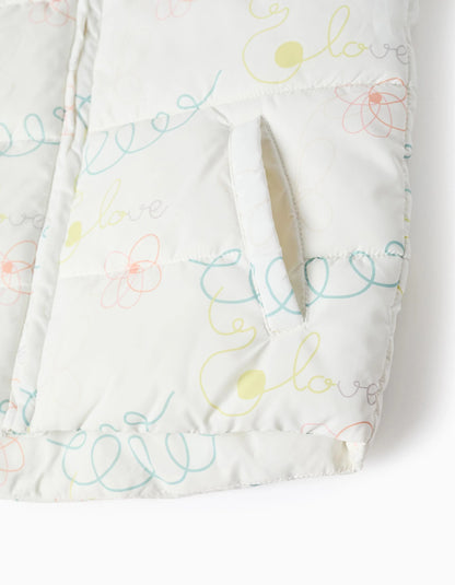 Padded Vest with Hood and Motif for Girls 'Love', White