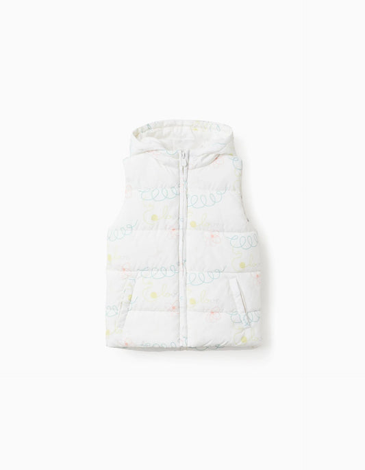 Padded Vest with Hood and Motif for Girls 'Love', White