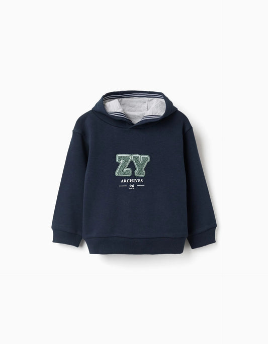 Brushed Hooded Sweatshirt with Embroidery for Baby Boys, Dark Blue