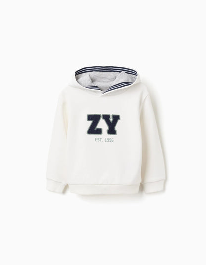 Brushed Hooded Sweatshirt with Embroidery for Baby Boys, White