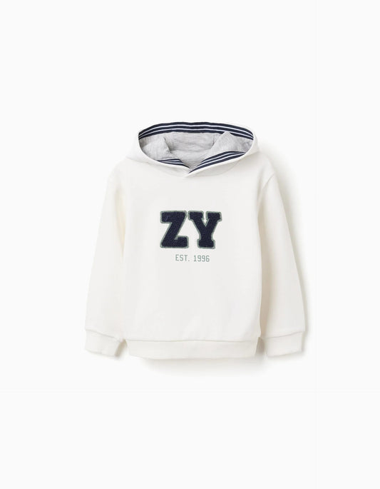 Brushed Hooded Sweatshirt with Embroidery for Baby Boys, White