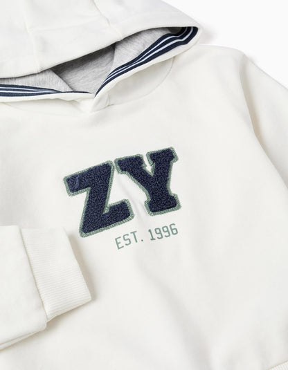Brushed Hooded Sweatshirt with Embroidery for Baby Boys, White
