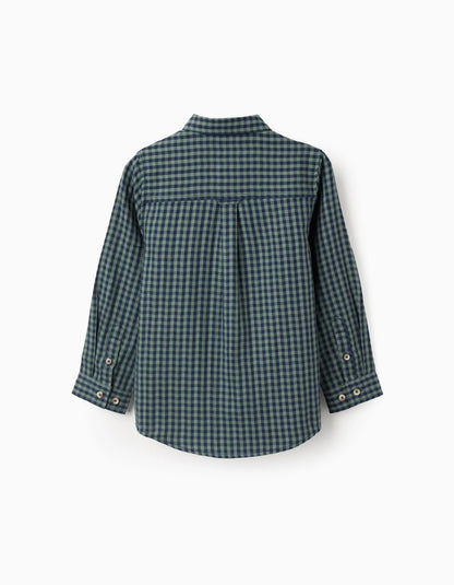 Cotton Shirt with Vichy Pattern for Boys, Green/Blue