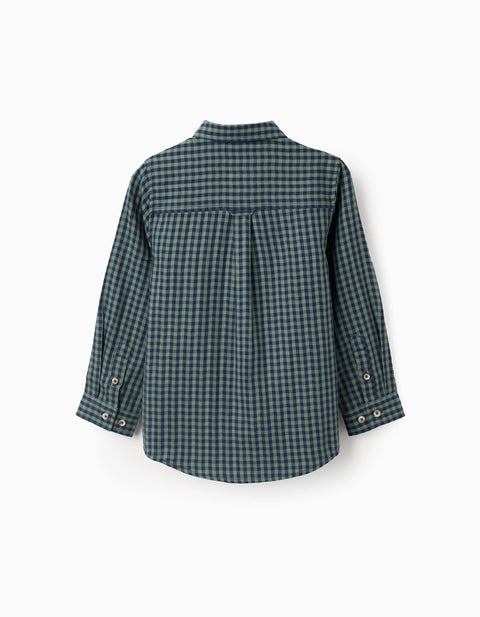 Cotton Shirt with Vichy Pattern for Boys, Green/Blue