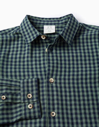 Cotton Shirt with Vichy Pattern for Boys, Green/Blue