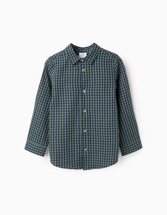 Cotton Shirt with Vichy Pattern for Boys, Green/Blue