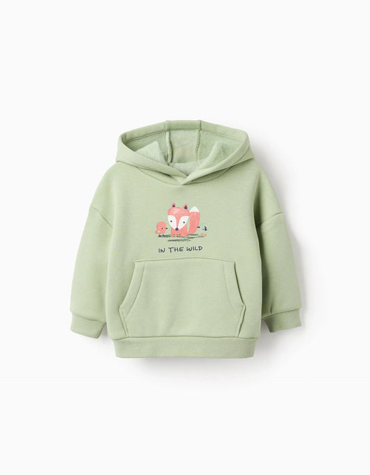 Brushed hooded sweatshirt with fox print for baby boys, light green