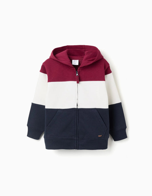 Brushed Hooded Jacket with Colour Block for Boys, Red/White/Blue