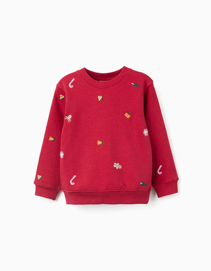 Brushed Sweatshirt with Christmas Embroidery for Boys, Red