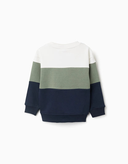 Brushed Sweatshirt with Colour Block for Boys, White/Green/Blue