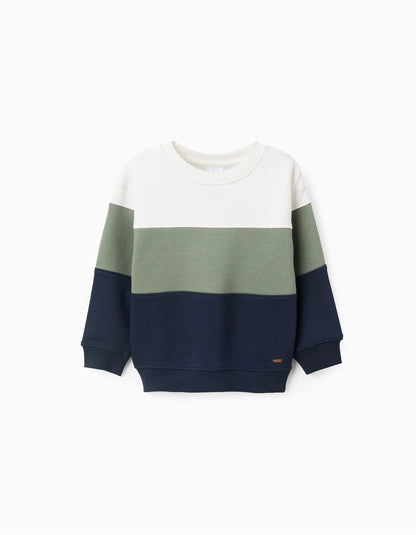 Brushed Sweatshirt with Colour Block for Boys, White/Green/Blue