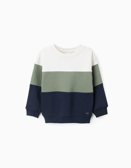 Brushed Sweatshirt with Colour Block for Boys, White/Green/Blue