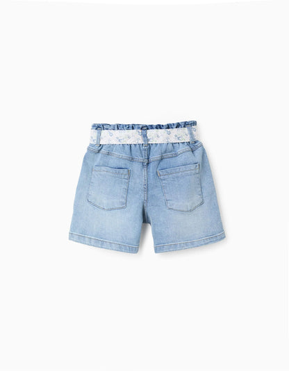 Denim Shorts with Floral Belt for Girls, Blue
